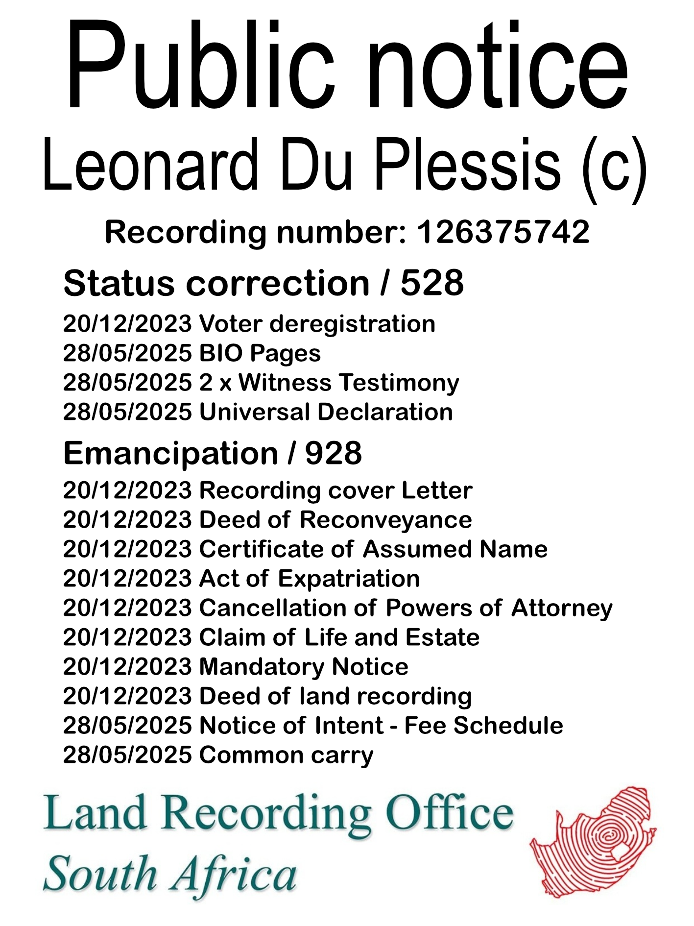 Public notice Leonard Du Plessis (c) Recording number 126375742